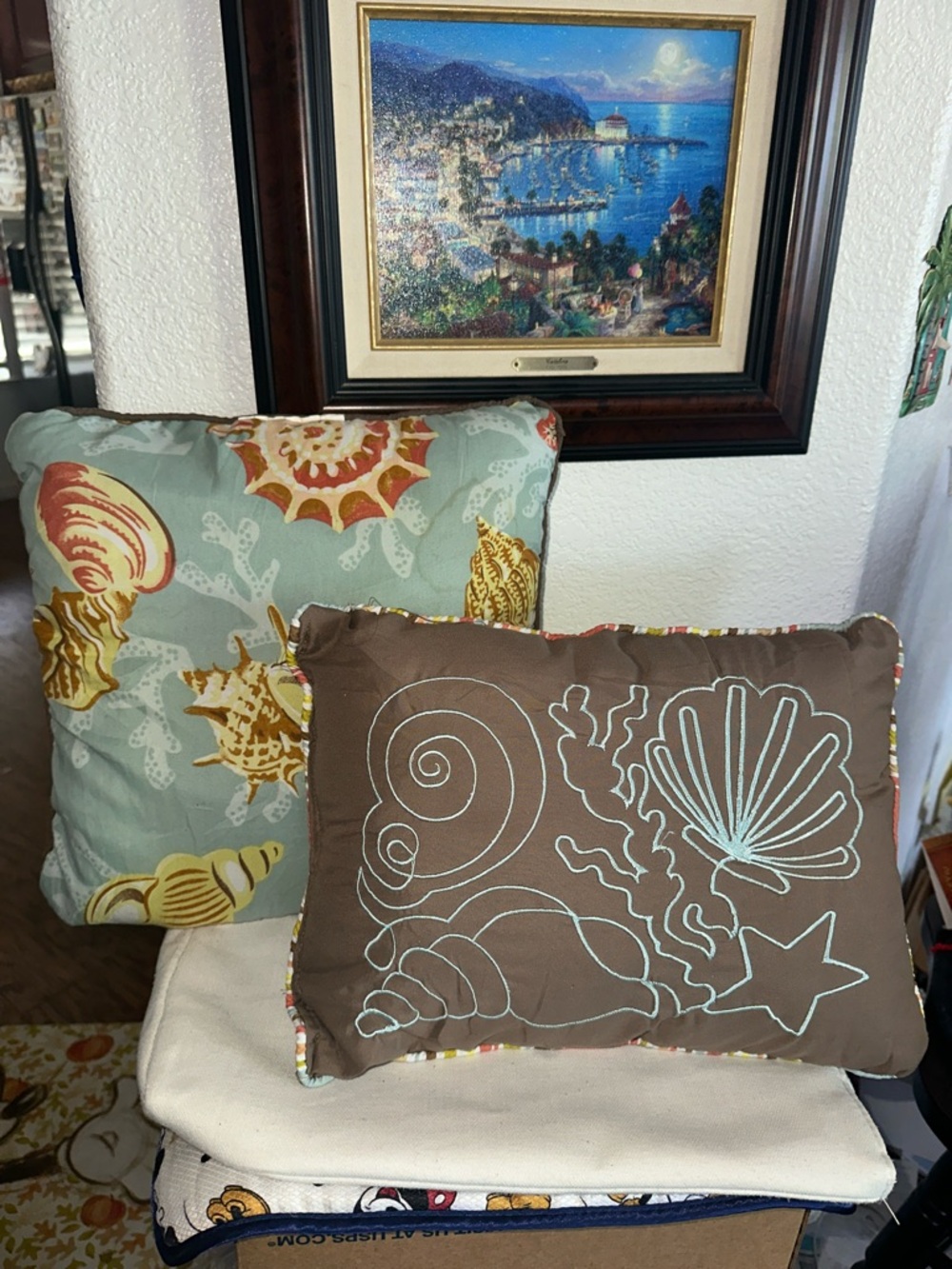2 - Coastal Shell Decorative Pillow Set in Aqua, Brown & Yellow
